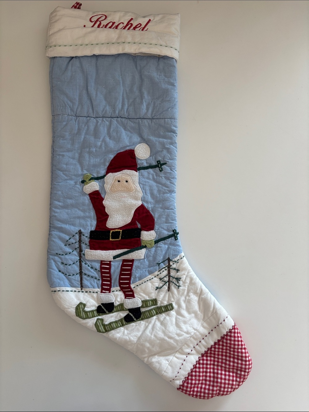 Pottery Barn “Rachel” Embroidered Santa Ski Holiday Stocking - Light Blue & Red